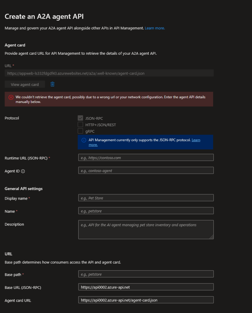 Screenshot of an Azure portal interface for creating an A2A agent API, detailing sections for agent card URL, protocol options, runtime URL, agent ID, and general API settings.